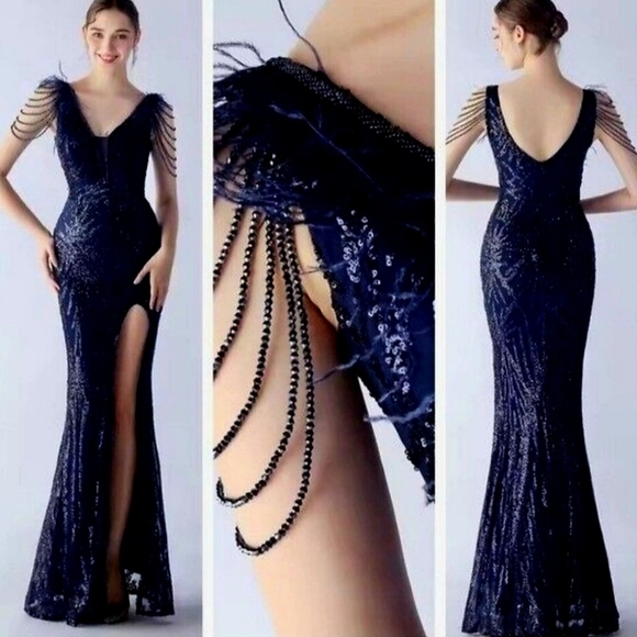 Navy, Ostrich , Beaded,  Sleeveless, V Neck,  Abstract ,  Sequined Mermaid Gown - Picture 1 of 13